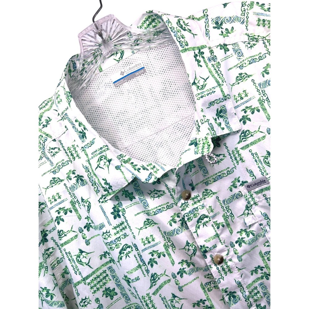 Columbia PFG Mens 2X Green White Marlin Nautical Print ShortSleeve Fishing Shirt